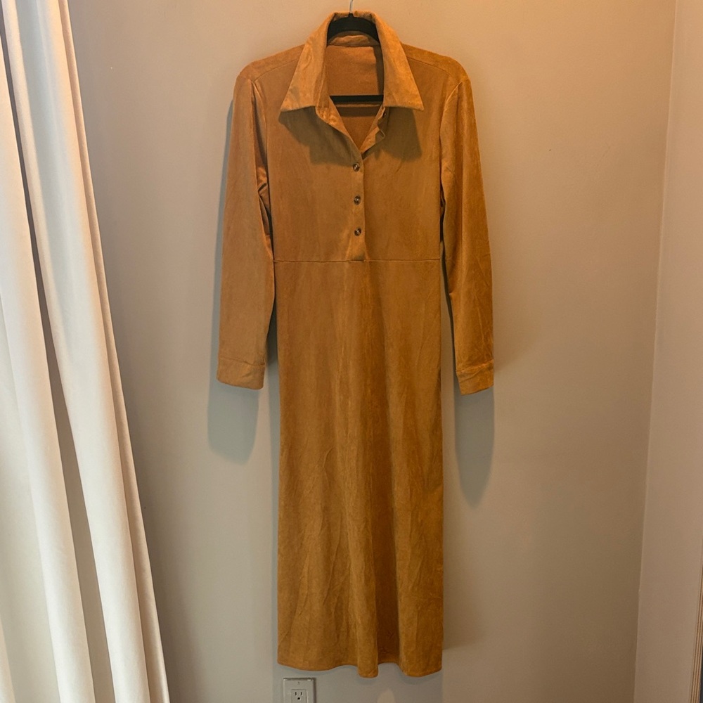Classic Long-Sleeve Collared Faux Suede Dress in Camel